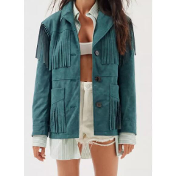 Urban Outfitters Jackets & Blazers - Urban Outfitters Womens Size S Turquoise Willie Faux Suede Western Fringe Jacket